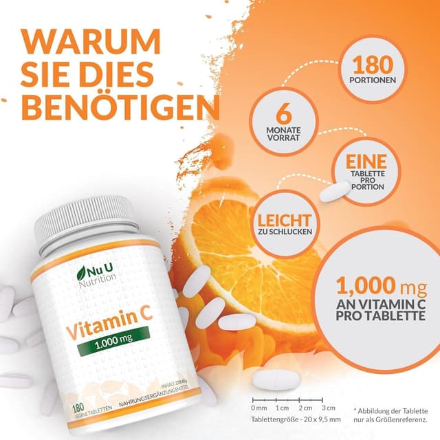 Thumbnail 4 de Nu U Nutrition Vitamin C 1000mg Hochdosiert 180 Vegane Tabletten