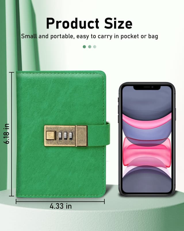 Detalle de WEMATE Passwortbuch mit Schloss (grünes Gras) – abschließbarer Passwort-Organizer mit alphabetischen Registern