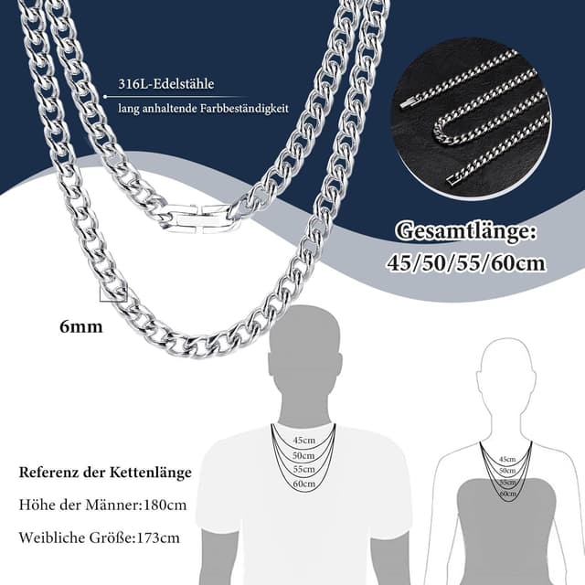 Detalle 2 de XUANPAI Sohn Geschenke Halskette für Herren in Silber – Kuba-Gliederkette aus Edelstahl, 6 mm Breite