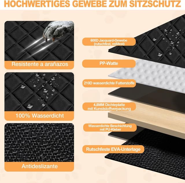 Detalle 2 de Vinstatin Hundedecke für die Auto-Rückbank (132x66 cm) – wasserdicht, kratz- und reißfest mit Hartschalenboden