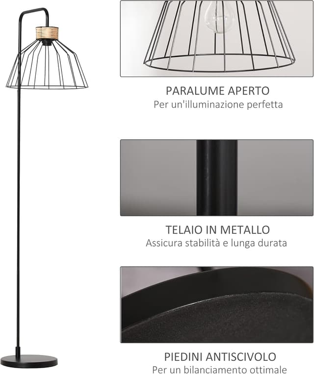 Detalle de HOMCOM Lampadaire à pied design élégant en métal et rotin noir – 44 x 34 x 154 cm, base E27