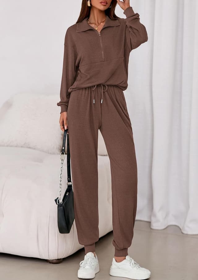 Detalle de PRETTYGARDEN Women’s Fall 2-Piece Lounge Set (Half-Zip Sweatshirt & Drawstring Jogger Pants)