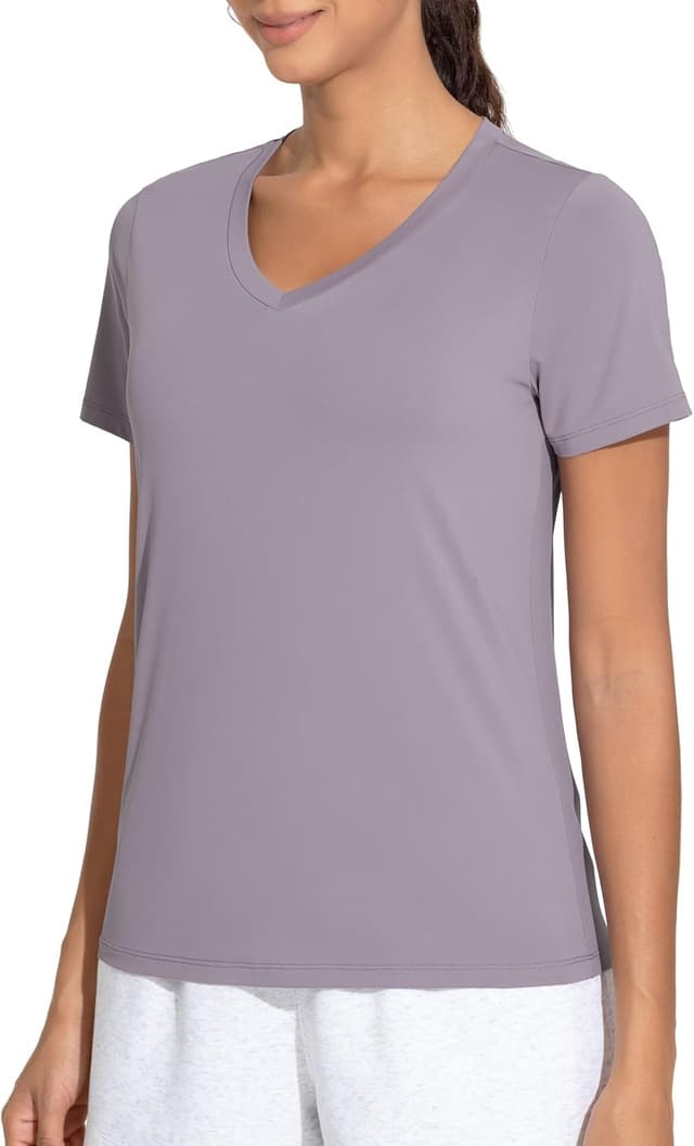 Detalle de THE GYM PEOPLE canicie da allenamento donna con scollo a V, maniche corte traspiranti (92% poliestere, 8% elastan)