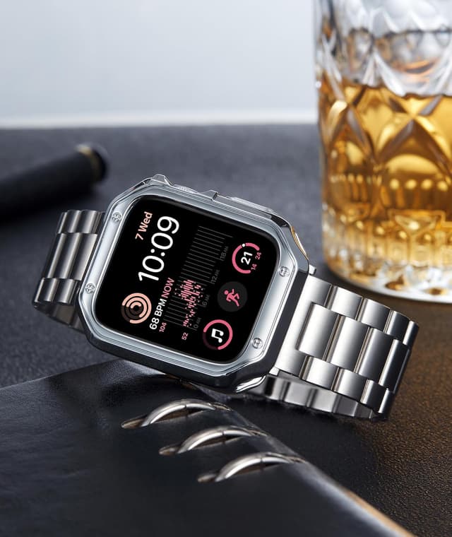 Detalle de Bracelet BINLUN en acier inoxydable avec boîtier TPU pour Apple Watch (38/40/41/42/44/45/46/49 mm) et séries 1 à 11, Ultra, SE