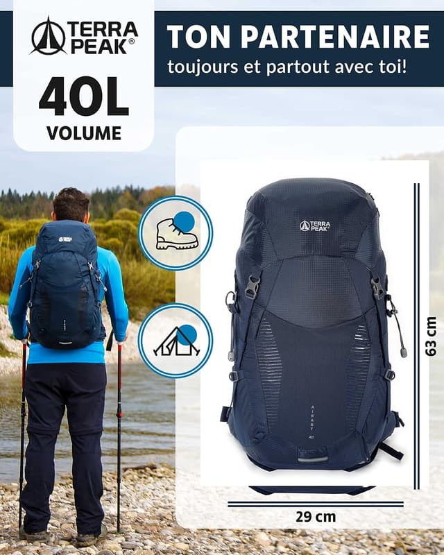 Detalle de Terra Peak® sac à dos de randonnée AIRANT 20/30/40 L en polyester Ripstop, avec ventilation Dynamic Air Flow