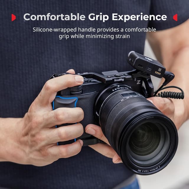 Detalle de SmallRig Kit Cage pour Nikon ZR 5647 : cage complète avec grip silicone, poignée supérieure ARRI et plaque Arca