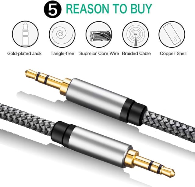 Detalle de TanQY Aux Cable 5m (3.5mm Male to Male) – Silver stereo audio lead for car, headphones, tablets and more