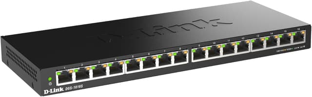 Detalle de D-Link DGS-1016S 16-Port Unmanaged Gigabit-Switch (lüfterlos, Low-Profile Metallgehäuse, Desktop/Wandmontage)