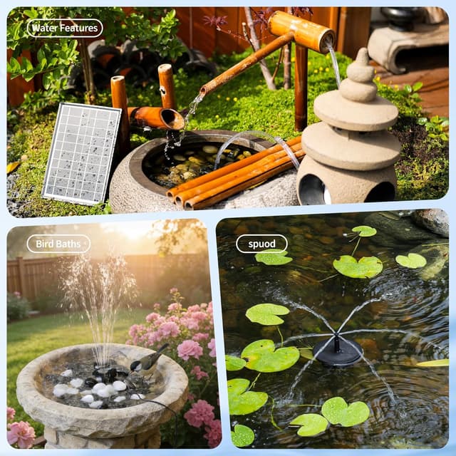 Detalle de POPOSOAP 8W Solar Fountain Pump for Bird Bath with 8 Nozzles, Glass Solar Panel & Low-Water Auto Stop