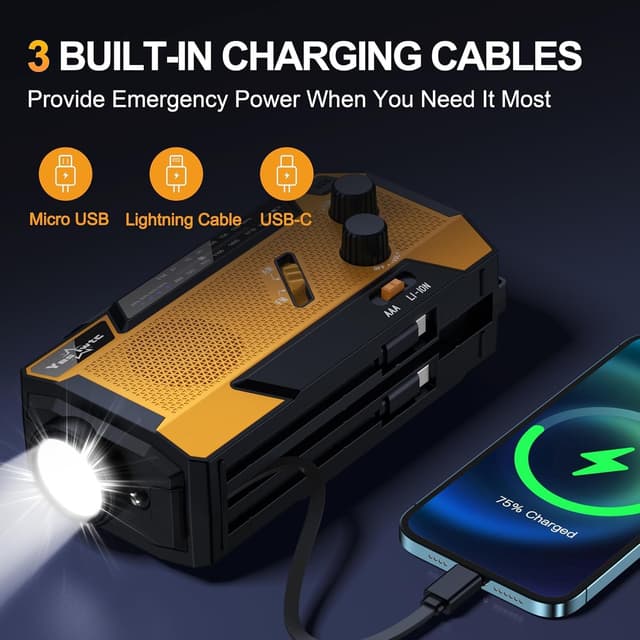 Detalle de Wind Up Solar Radio emergency hand crank radio with SOS alarm, flashlight & built-in cables (7400mWh / 2000mAh)