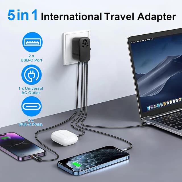 Detalle 2 de Reiseadapter Weltweit 100W – 5-in-1 Universal GaN Reisestecker mit 3×USB‑C & 2×USB‑A für EU/UK/US/AU