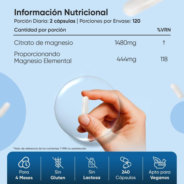 Detalle 2 de Citrato de Magnesio 1480mg 240 Caps 🍃 - Vitalidad y Equilibrio