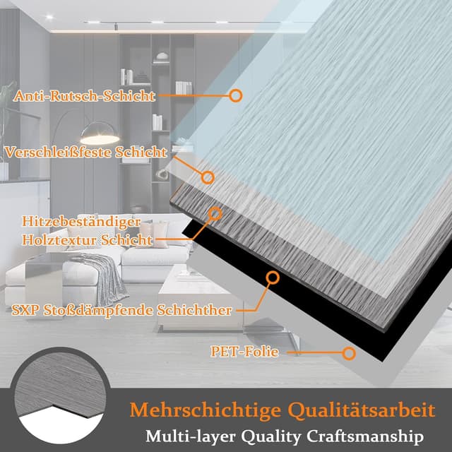 Detalle de LZQ selbstklebender PVC-Bodenbelag Vinylboden mit Holz-Effekt (Eiche Grau) – 36 Fliesen, 5,02 m²