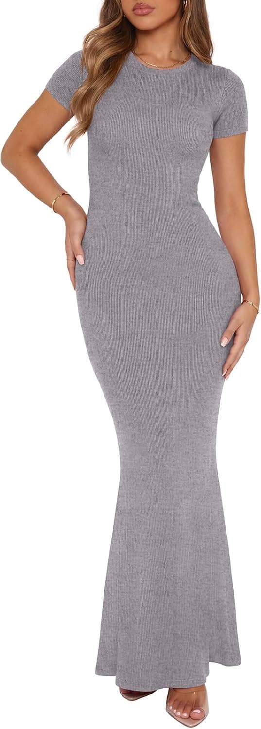 Detalle de REORIA Damen Maxikleid „Sommer Casual Lounge“ aus Modal/Spandex – figurbetontes Langarm/ Kurzarm Basic mit Rundhalsausschnitt