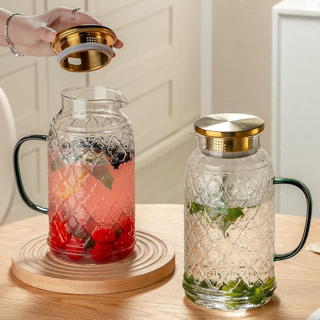 Detalle 2 de Buaic Glass Pitcher with Lid (2-Pack) — 68 oz Clear Borosilicate Carafes for Cold Brew, Coffee, Iced Tea & More