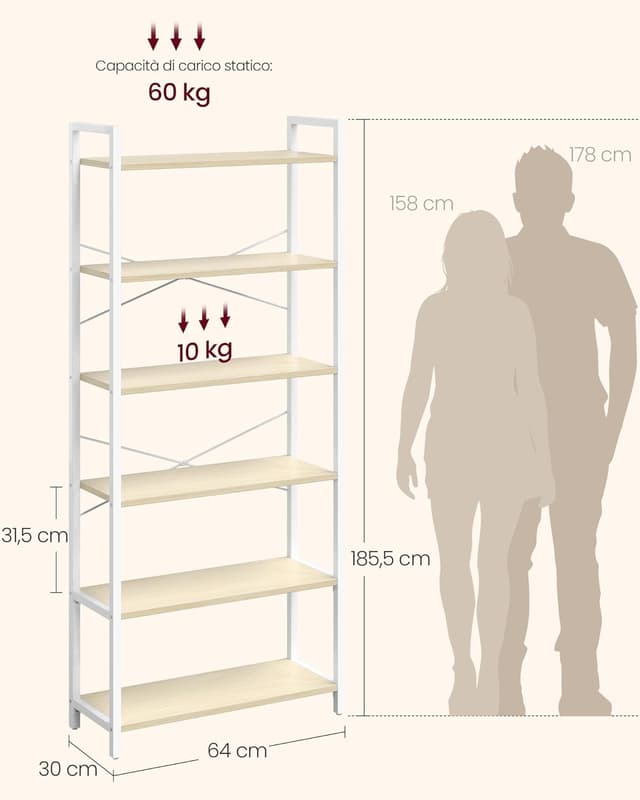 Detalle de VASAGLE LLS062LL01 scaffale alto a 6 ripiani in stile industriale (30 x 64 x 185,5 cm)