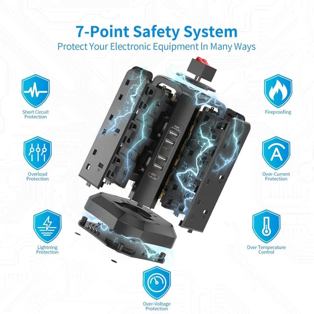 Thumbnail 6 de Tower Extension Lead 5m with USB Slots and PD 20W Fast Charger (13A 3250W) – 12-Way Surge-Protected Tower, Black