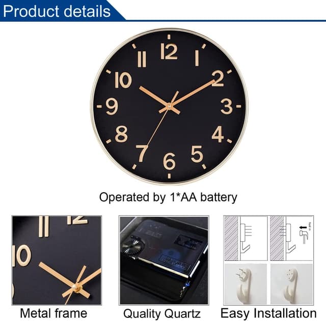 Thumbnail 2 de 12 Inch Wall Clock Silent – Modern Gold 🕰