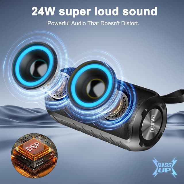 Detalle de Dyurwa Portable Bluetooth Speaker (24W Stereo Sound, Bluetooth 5.3, IPX6, 12H playtime) with RGB lights and built-in mic
