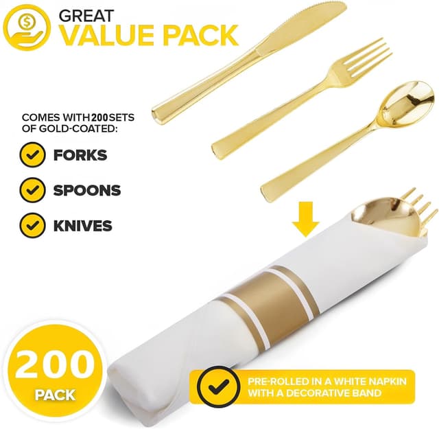Detalle de Joyido 200-Guest Pre-Rolled Gold Plastic Silverware Set (Wrapped Utensils + Napkins)
