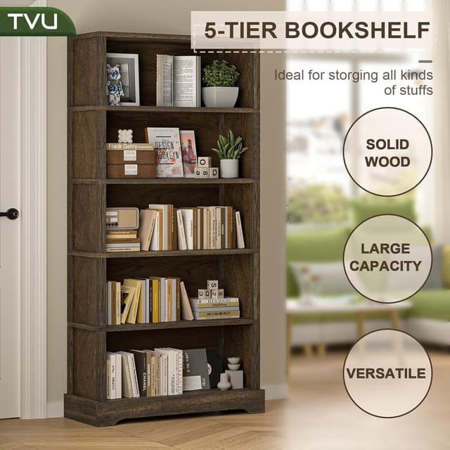Detalle 2 de TVU 5-Tier Solid Wood Book Shelf (Walnut) — Floor-Standing 65" Farmhouse Bookcase