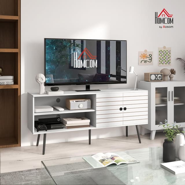 Detalle 2 de HOMCOM Meuble TV blanc pour téléviseur jusqu’à 65 pouces, 2 compartiments ouverts et étagère réglable