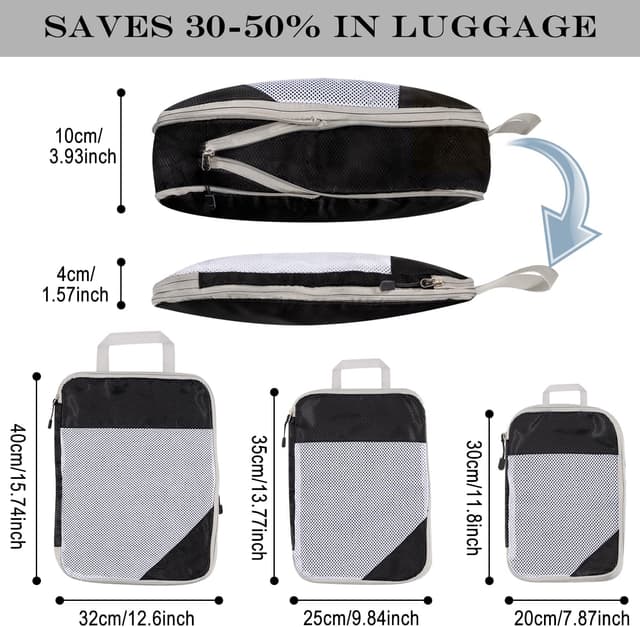 Detalle de Organisateur de valise en nylon imperméable (3 pièces) avec cubes de rangement et sacs de compression de voyage, noir