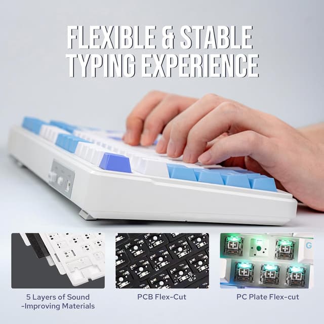 Detalle de EPOMAKER x Aula F99 Wireless Mechanical Keyboard (Hot-Swappable, BT/2.4GHz/USB-C, 96% Layout) — White/Light Blue & Graywood V3