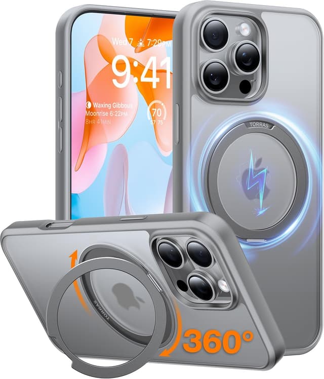Detalle de TORRAS 360 Rotatable Magnetic Ring (MagSafe compatible) for iPhone 16 Pro Max Case – Grey