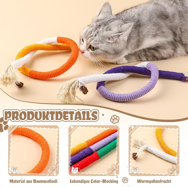Detalle de ZYNERY Katzenminze Spielzeug-Set (9-teilig) mit Beißseilen und Katzenminze-Sticks für Zahnpflege und Beschäftigung