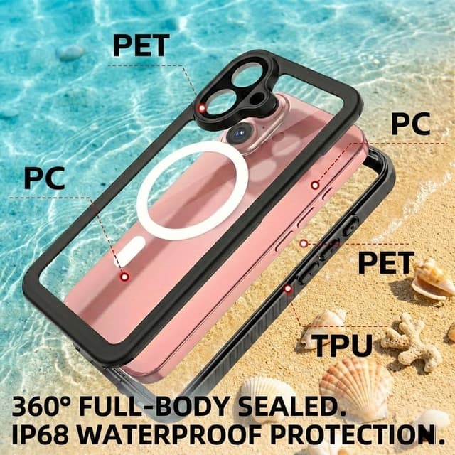 Detalle de FYHCMC iPhone 16 waterproof case with MagSafe support (black, sealed 360° cover)