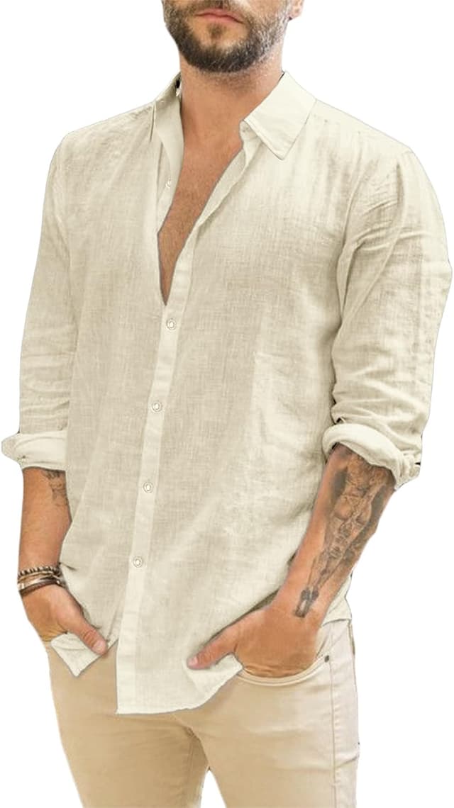 Thumbnail 6 de Runcati Herren Langarm-Leinenhemd mit Umlegekragen – Business- & Freizeithemd für Sommer