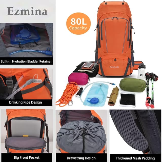 Detalle de Ezmina 80L hiking backpack with rain cover (large camping rucksack)