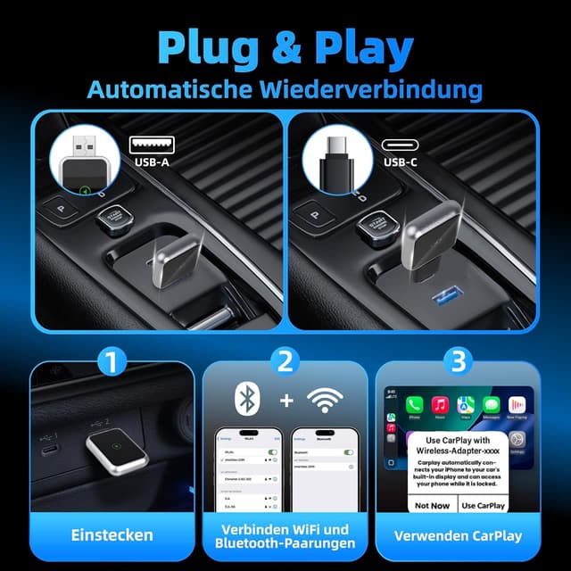 Detalle de LINGHUANG Wireless CarPlay & Android Auto Adapter (2-in-1) – kabellose Umrüstung per Plug & Play, iOS 10+ & Android 11+