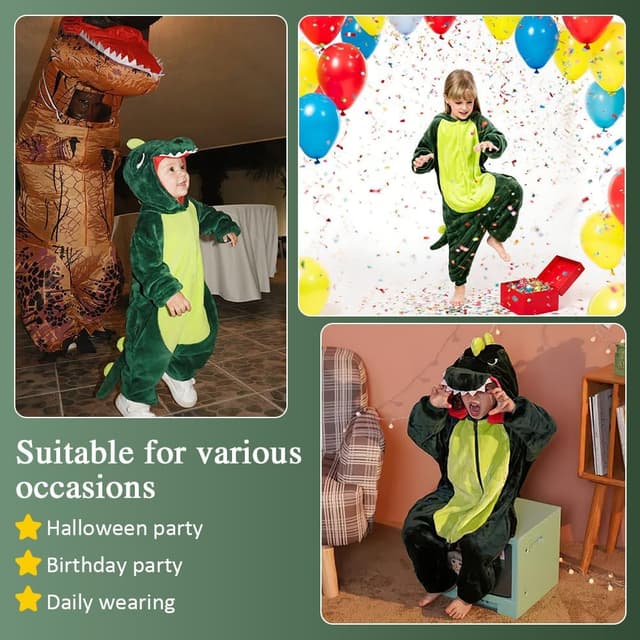 Detalle 2 de Costume da dinosauro AYBUY per bambino con cappuccio e tuta (verde, unisex)