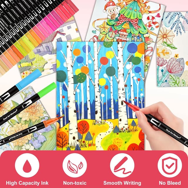 Detalle de Funnasting Dual Tip Colouring Pens (48 colours) – felt tip brush pens and fine liners for adult colouring, drawing and sketching
