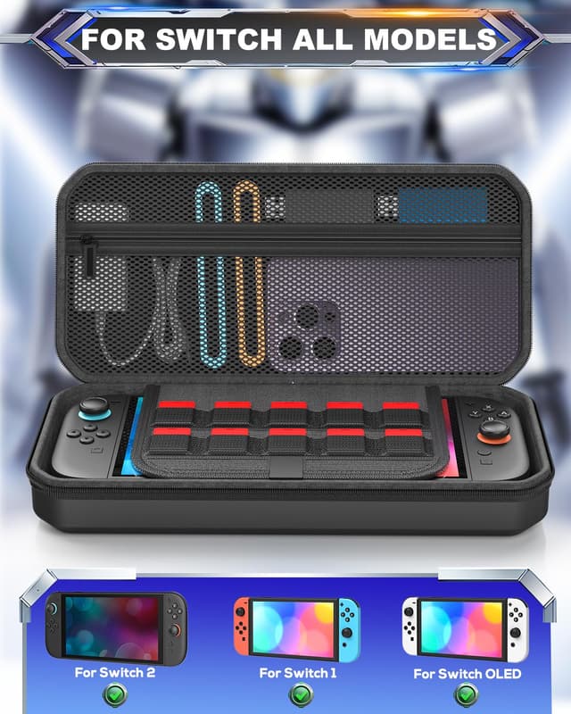 Detalle de FYOUNG All-in-One Accessories Case Bundle for Nintendo Switch 2 (2025) — Black portable hard carrying case with game card slots