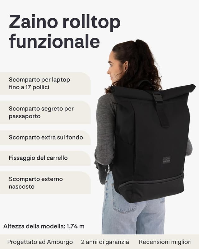 Detalle de Johnny Urban Zaino Roll Top Allen XL Zaino impermeabile uomo e donna con scomparto per PC fino a 17 pollici