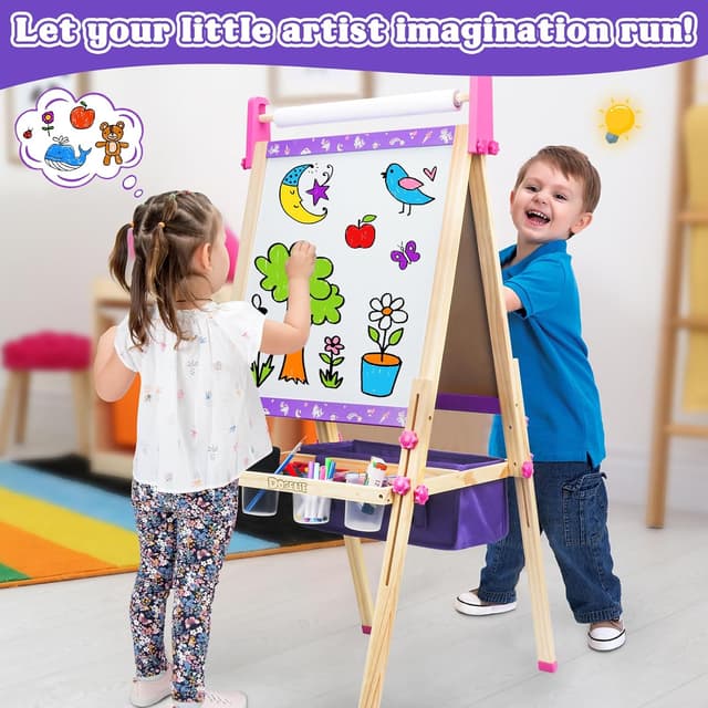 Detalle de Kids Art Easel for Ages 4–8 with Paper Roll, Markers, Paint, Chalk & Magnetic Accessories