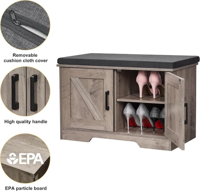 Detalle de HOMSHO 2-Tier Storage Bench (27.6" Wide) with Padded Seat Cushion, Barn Doors & Adjustable Shelf, Greige