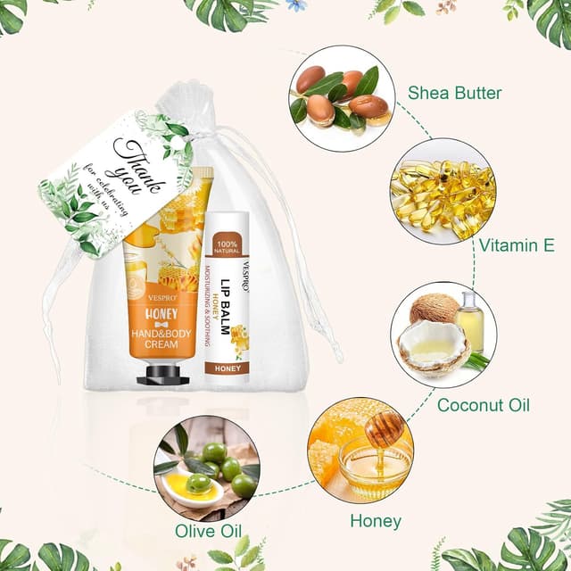 Detalle de 50 Sets Bulk Hand Cream and Bulk Lip Balm Gift Favors (Organza Bags + Thank Cards) for Easter, Mother’s Day & Weddings