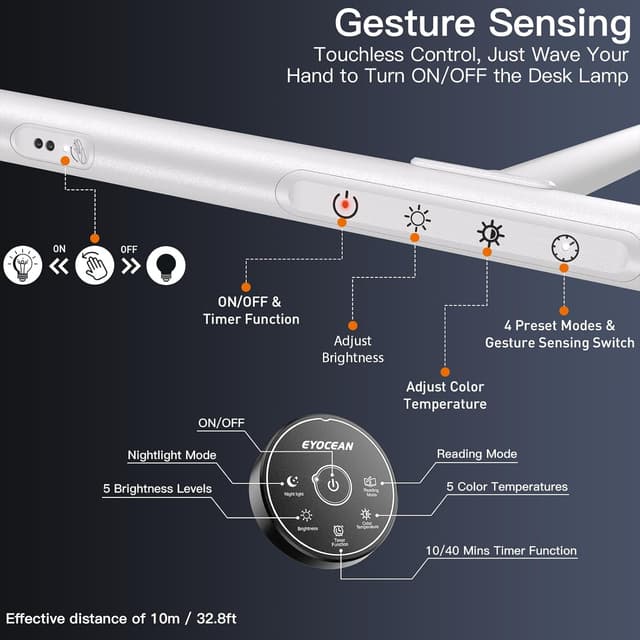 Thumbnail 6 de EYOCEAN Schreibtischlampe LED mit Gestensteuerung & Fernbedienung, 24W, 80 cm, dimmbar (Weiß)