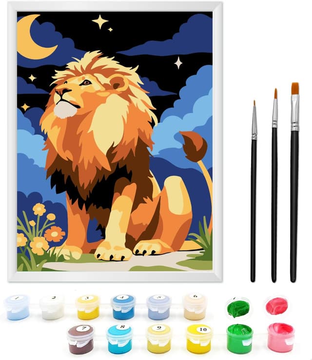 Detalle de Zimrobin Malen nach Zahlen ab 5–7 Jahre für Mädchen & Jungen – Löwe (18 x 24 cm) mit Rahmen, 3 Pinseln und Acrylfarben