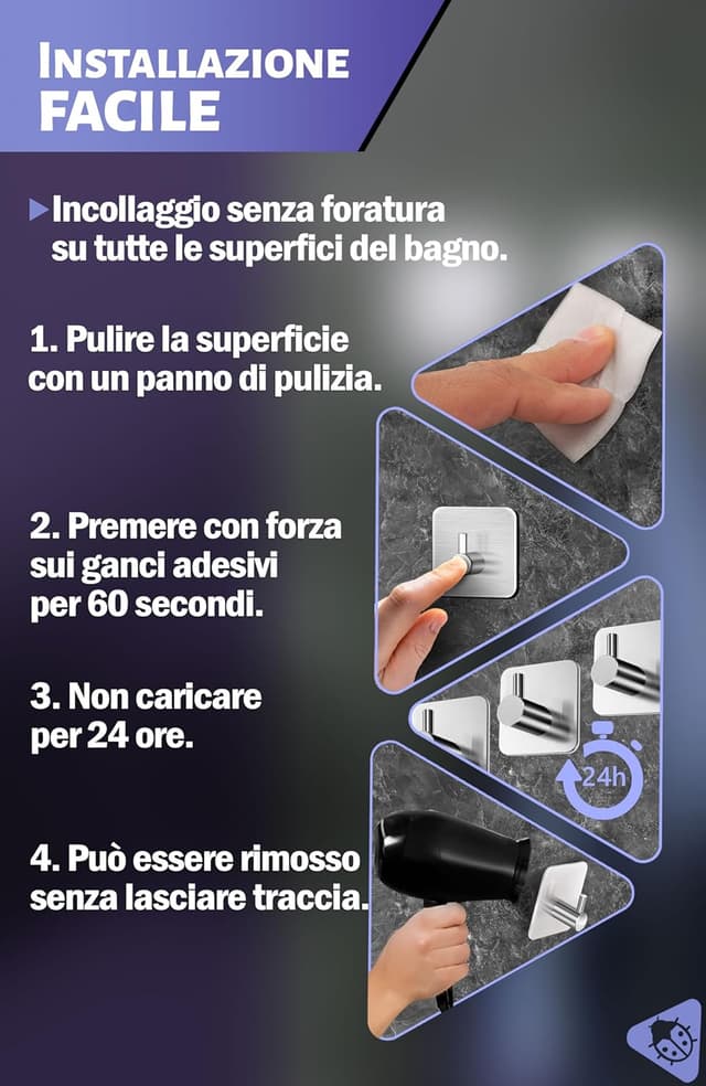 Detalle 2 de Menz Ganci Adesivi Bagno – Set da 4 ganci in acciaio inox V2A, per asciugamani e accappatoi senza forare, argento