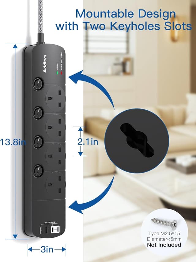 Detalle de Addtam Extension Lead 1.8m with 4 Outlets and 4 USB Ports (2x Type-C, 2x USB-A) and 1050J Surge Protection, Black