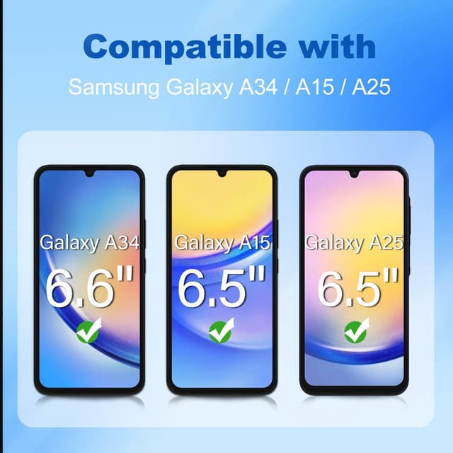 Detalle de Tentoki Hartglas-Schutzfolie für Samsung Galaxy A15 (6,5 Zoll) – 3er-Set mit 9H, blauem Lichtfilter & Anti-Spion-Option
