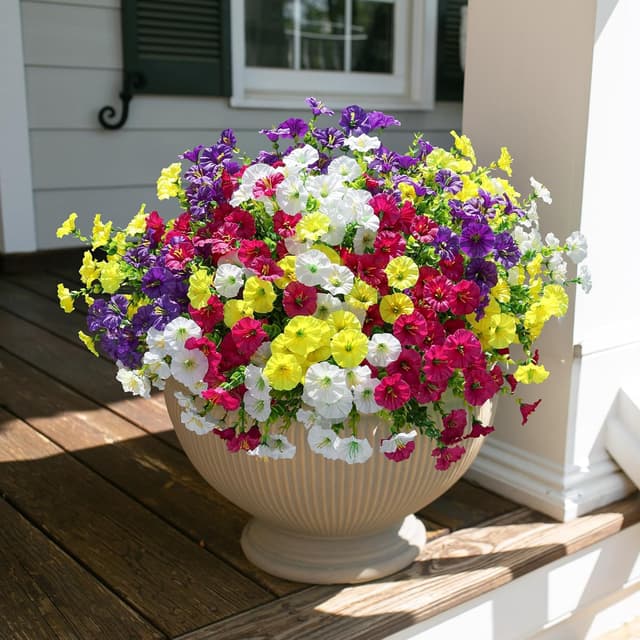 Detalle de HyeFlora UV-Resistant Artificial Morning Glory Flowers (12 Bundles) with Eucalyptus Leaves for Outdoor Planters