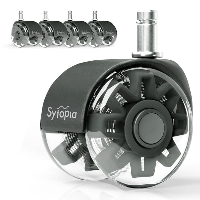 Detalle de Sytopia Bürostuhl Rollen 70 mm, 5er-Set (Stift 11×22 mm) für Hartböden, Parkett & Teppich – leise, weich und bodenschonend, schwarz