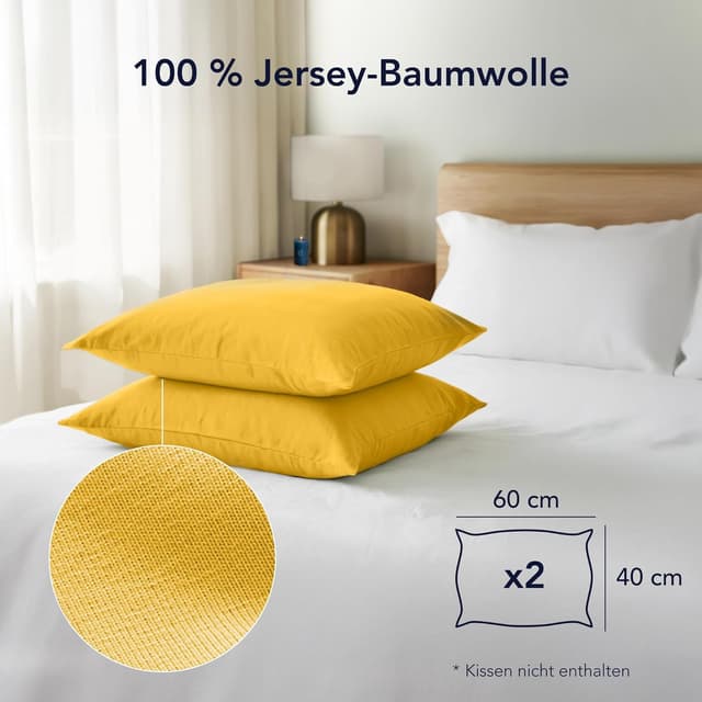 Detalle de Dreamzie Kissenbezug 40x60 (Set mit 2) aus 100% Jersey-Baumwolle – gelb