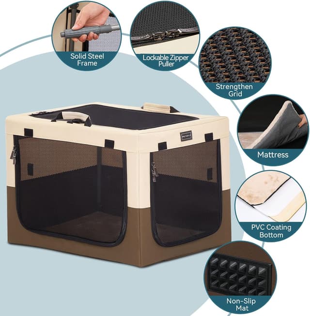 Detalle de Petsfit faltbare Hundebox für Zuhause & Auto – Hundetransportbox mit Metallrahmen und reißfestem Netzfenster
